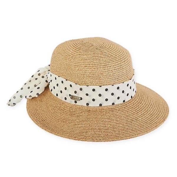 tan straw sun hat with white and black poka dot hat band bow.